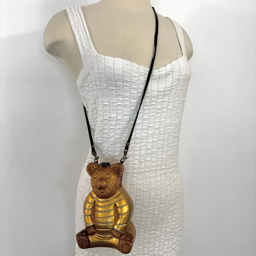 Timmy Woods Honey Bear Mini Minaudiere Clutch Crossbody Bag Gold/Brown Teddy